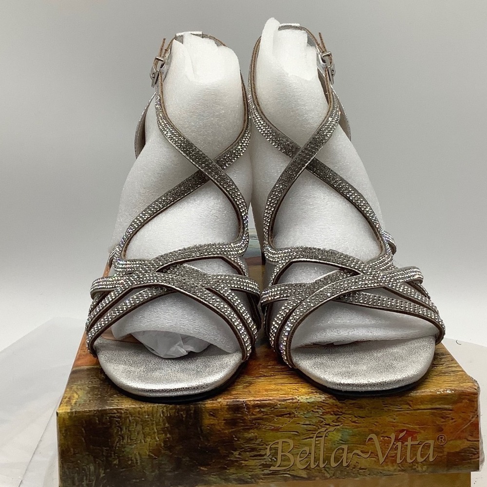 Bella Vita Silver Metallic Rhinestone Strappy Block Heel Sandals Women 11 M